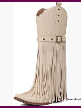 Fringe Cowgirl Boots Retro Square Toe Side Zipper Block Heel Mid Calf